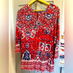 Fleur Bleue  red, blue and white top in “1X”.